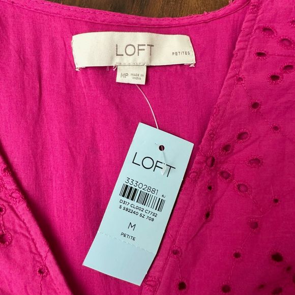 NWT LOFT Lined Petite Eyelet Button Ruffle Swing Dress in Fuchsia - Picture 8 of 12